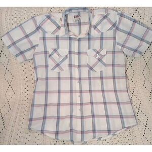 TORO pearl‎ snap button collar Shirt cowboy short sleeve plaid Men's Large Retro